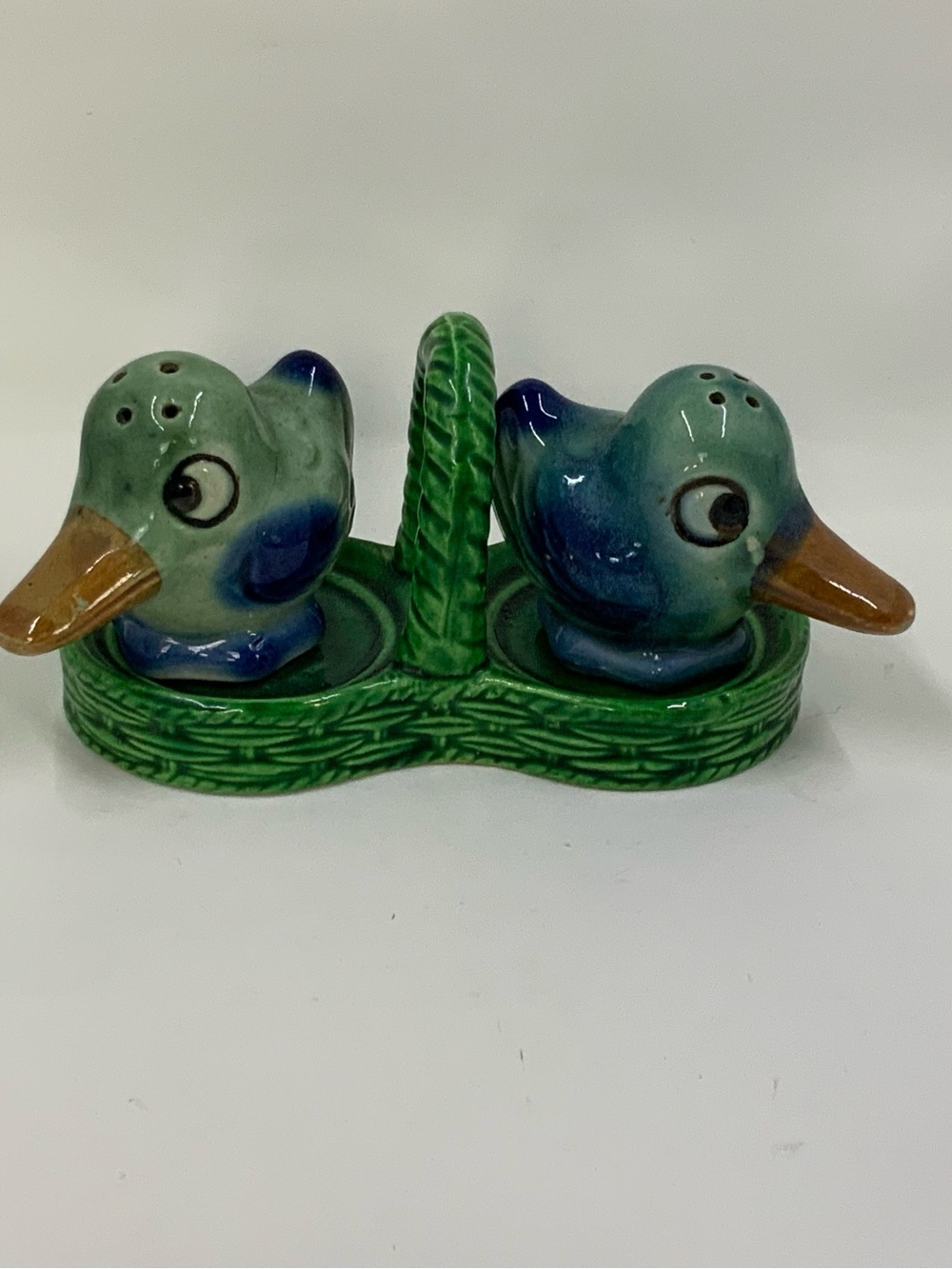 Vintage Blue & Green Ceramic Duck Salt and Pepper Shaker Set with Holder
